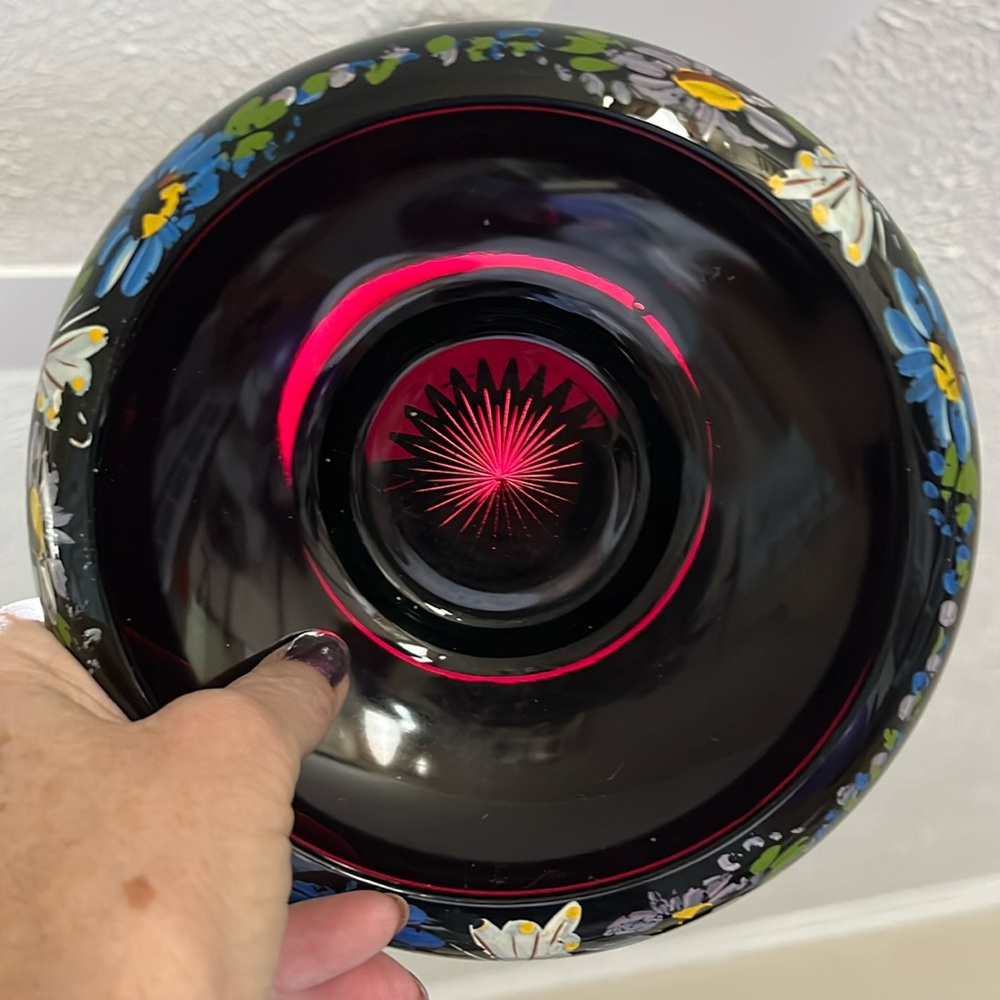 Vintage LE Smith Black Amethyst Glass Bowl Hand Painted Floral UV Glow 1950s